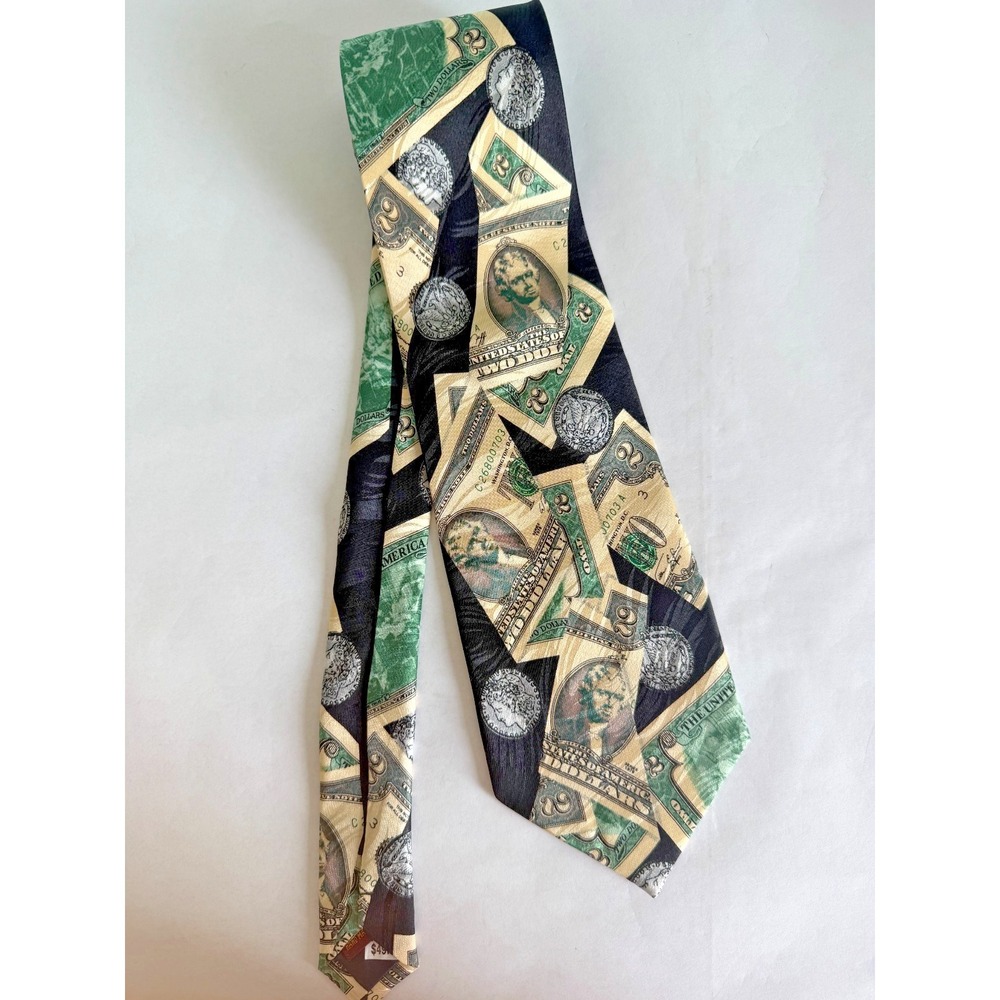 MUSEUM ARTIFACTS Vintage Silk Necktie Two Dollar Bill Money Print Handmade 90s